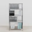 Chrome shelving unit with office supplies Chrome shelving unit with office supplies