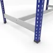Blue and grey workbench with top shelves and footrest