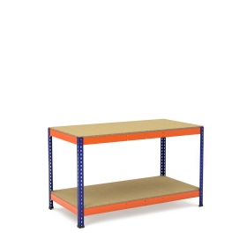 Blue and orange workbench with lower shelf