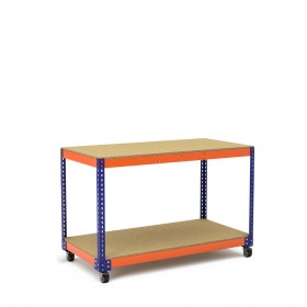 Workbench with Wheels in blue and orange with 2 chipboard surfaces