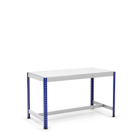 Workbench with footrest in blue and grey with melamine